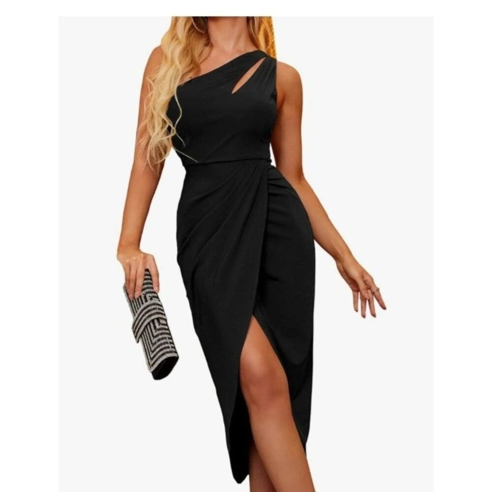 Womens Size S Asymmetric Black Midi Dress Ruched Detail Side Slit Sexy Party